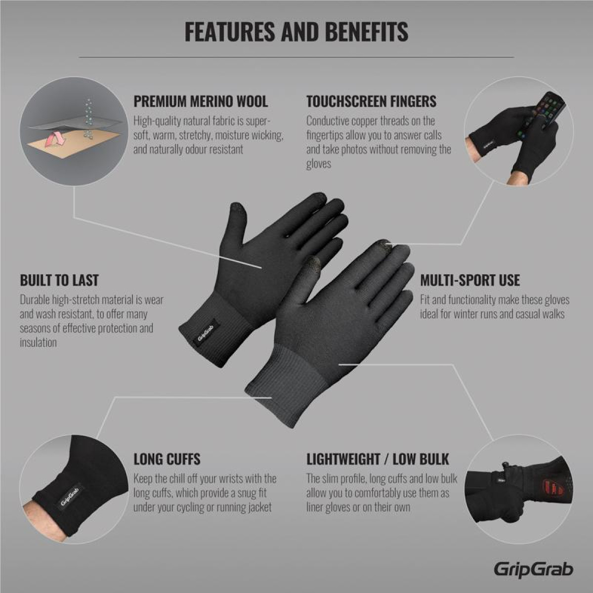 GripGrab Merino Liner cimdi | Melni