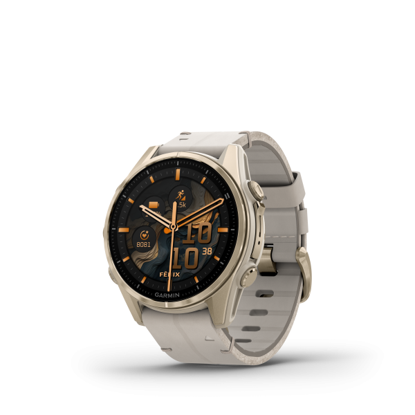 Garmin fēnix® 8 Amoled Titanium - Sapphire viedpulkstenis | 43 mm | Zelts - Kaļķakmens āda