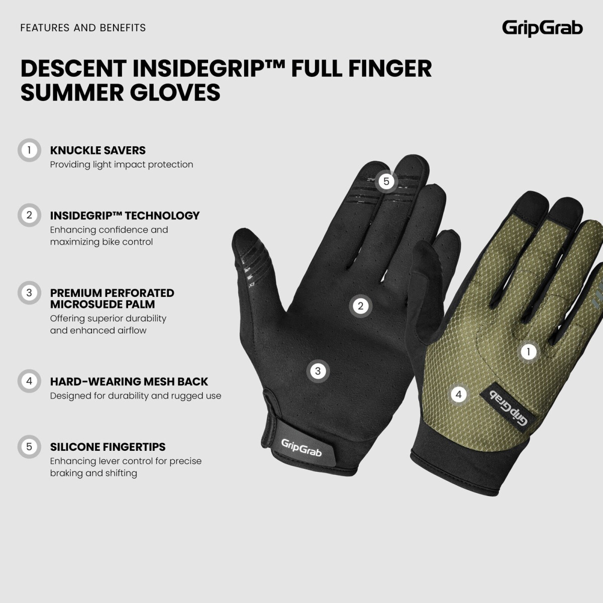 GripGrab Descent Guarded Full Finger cimdi | Olive Green
