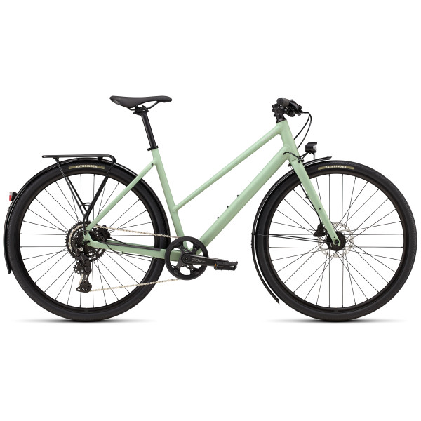 Specialized Sirrus X 2.0 Step-Through EQ fitnesa velosipēds | Satin Pistachio - Dolomite Metallic Frost Reflective