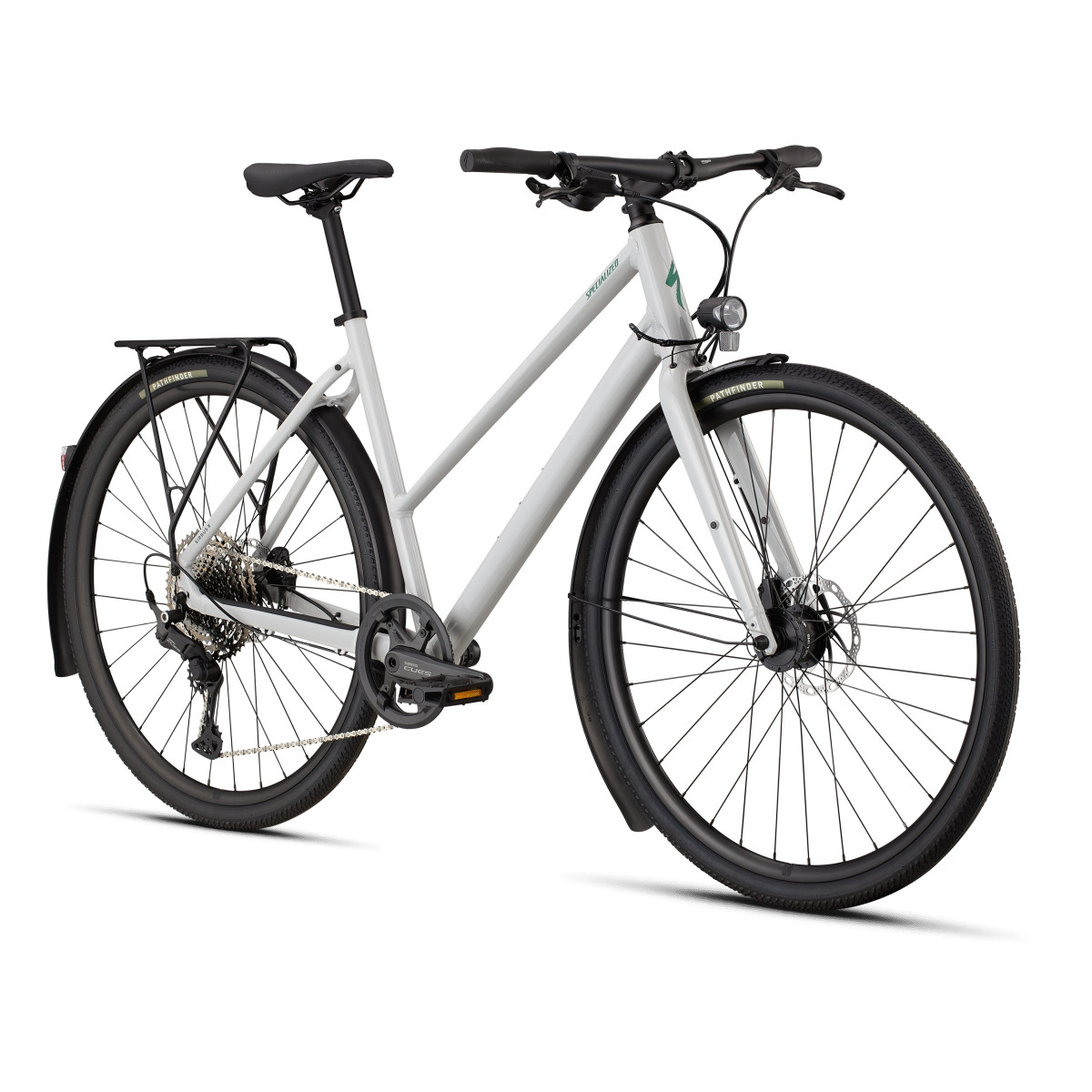 Specialized Sirrus X 3.0 Step-Through EQ fitnesa velosipēds | Gloss Dove Grey - Metallic Pine Frost Reflective