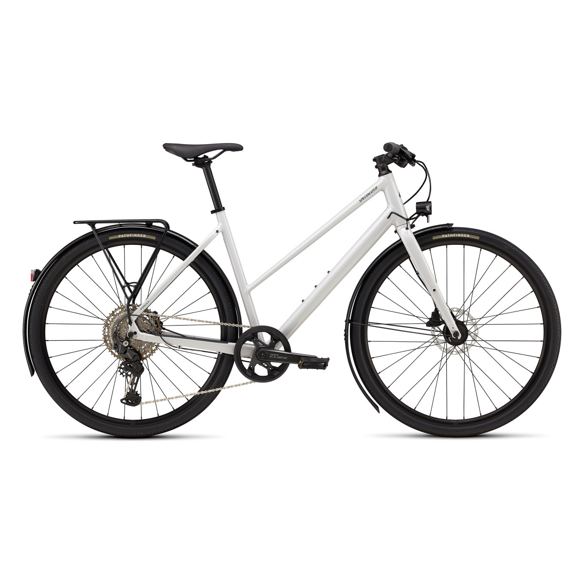 Specialized Sirrus X 3.0 Step-Through EQ fitnesa velosipēds | Gloss Dove Grey - Metallic Pine Frost Reflective