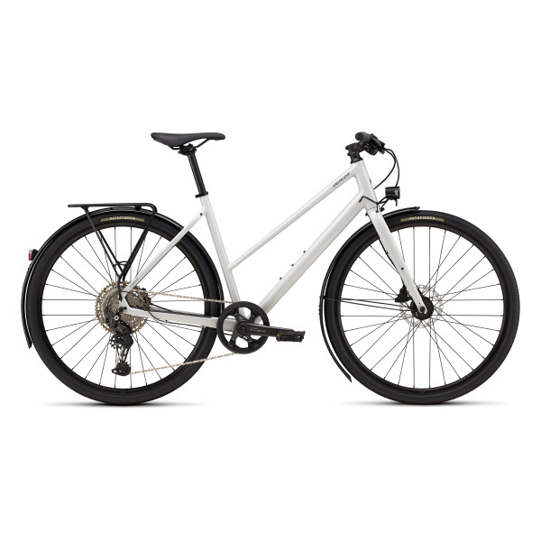 Specialized Sirrus X 3.0 Step-Through EQ fitnesa velosipēds | Gloss Dove Grey - Metallic Pine Frost Reflective