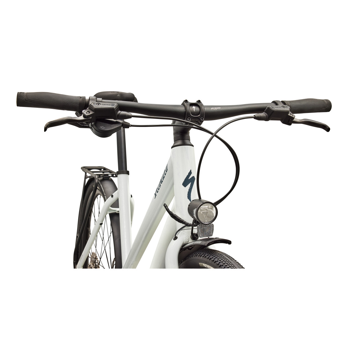 Specialized Sirrus X 3.0 Step-Through EQ fitnesa velosipēds | Gloss Metallic White Silver - Metallic Deep Marine