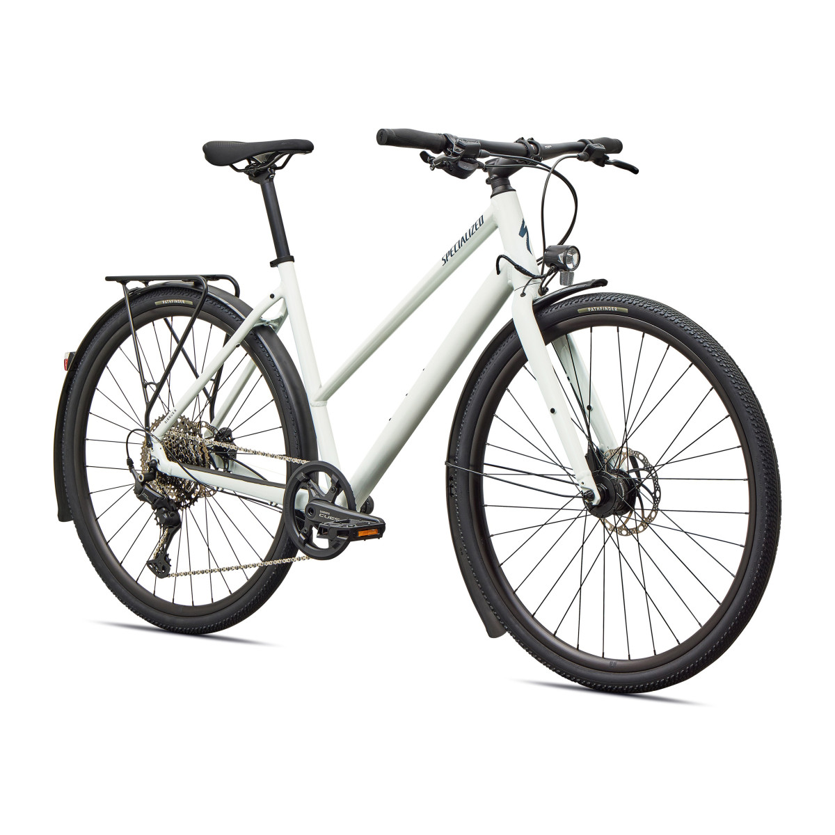 Specialized Sirrus X 3.0 Step-Through EQ fitnesa velosipēds | Gloss Metallic White Silver - Metallic Deep Marine