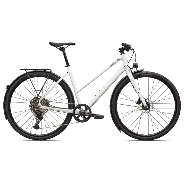 Specialized Sirrus X 3.0 Step-Through EQ fitnesa velosipēds | Gloss Metallic White Silver - Metallic Deep Marine