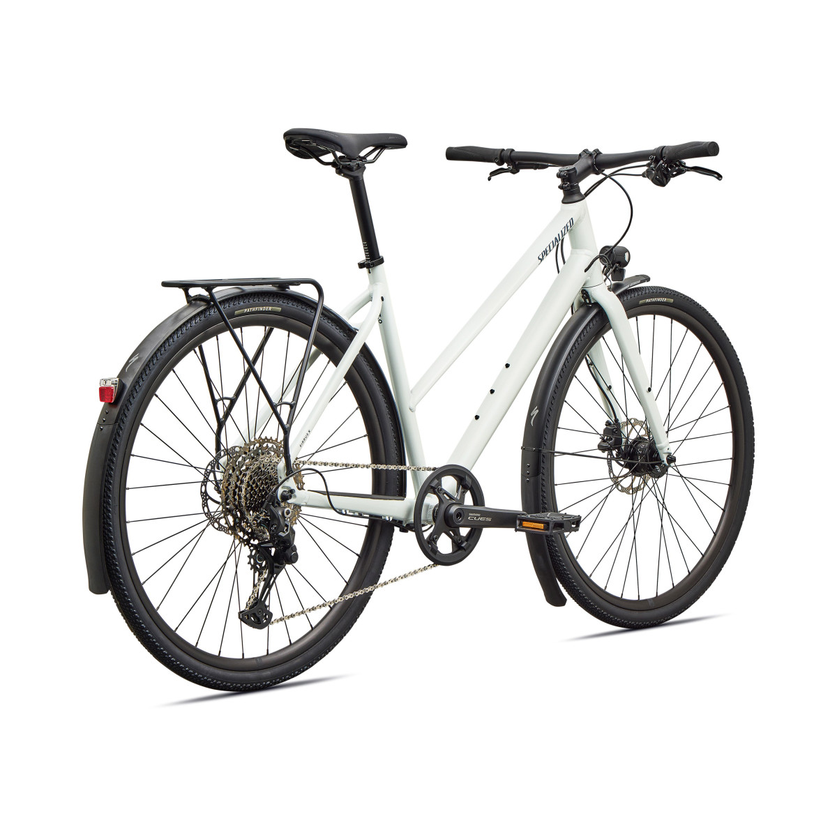 Specialized Sirrus X 3.0 Step-Through EQ fitnesa velosipēds | Gloss Metallic White Silver - Metallic Deep Marine