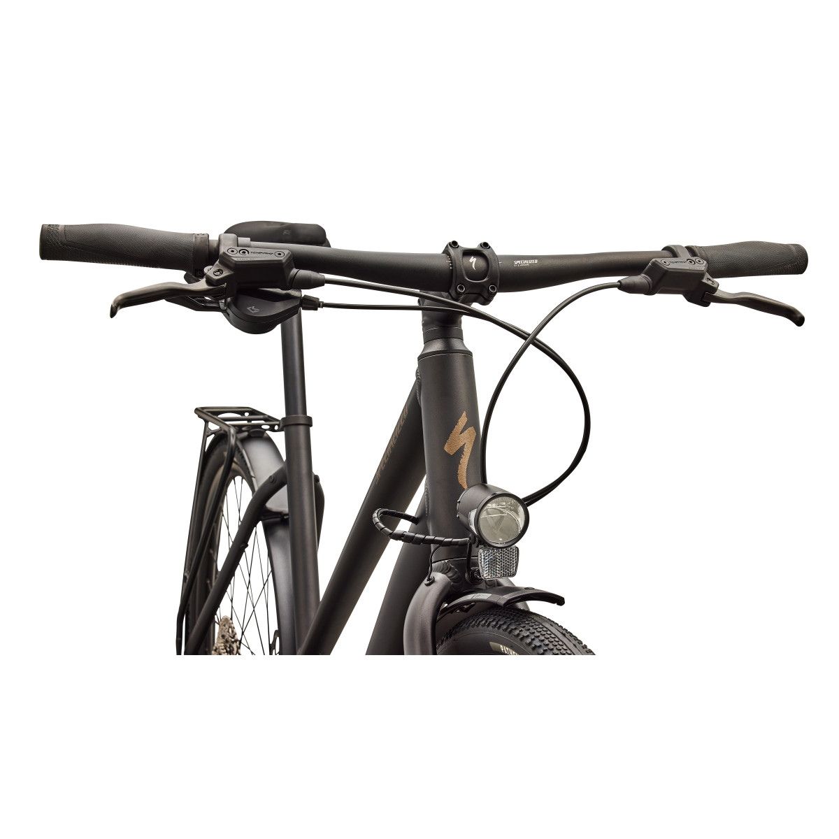 Specialized Sirrus X 3.0 Step-Through EQ fitnesa velosipēds | Satin Metallic Obsidian - Burnt Gold Metallic