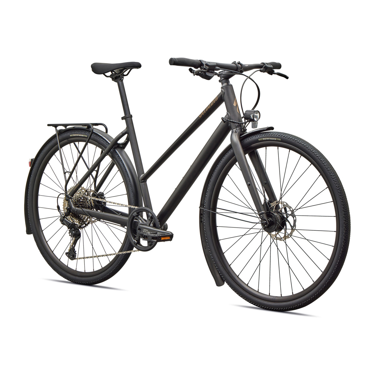 Specialized Sirrus X 3.0 Step-Through EQ fitnesa velosipēds | Satin Metallic Obsidian - Burnt Gold Metallic