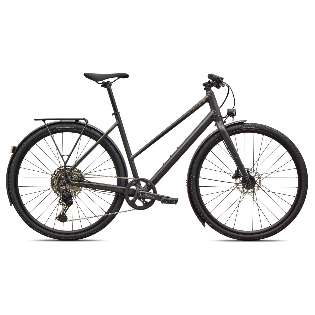 Specialized Sirrus X 3.0 Step-Through EQ fitnesa velosipēds | Satin Metallic Obsidian - Burnt Gold Metallic