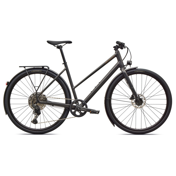 Specialized Sirrus X 3.0 Step-Through EQ fitnesa velosipēds | Satin Metallic Obsidian - Burnt Gold Metallic