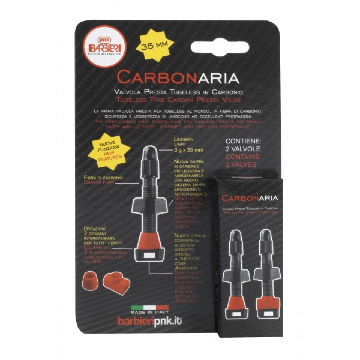 Barbieri Carbon bezkameru ventiļu komplekts | SV 35 mm | 2 gab | Melni