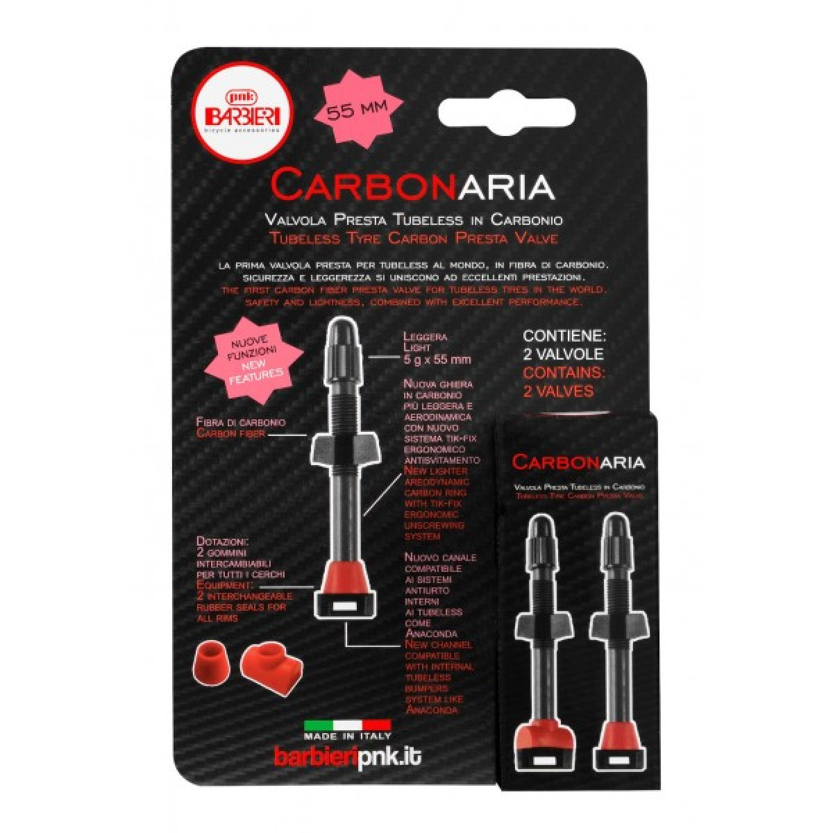 Barbieri Carbon bezkameru ventiļu komplekts | SV 55 mm | 2 gab | Melni