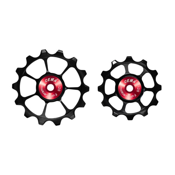 Cema Shimano 105, Ultegra, DEORE, SLX, XT, XTR aizmugurējā pārslēdzēja rullīši ar kāju | Keramika | 12 ātrumu | Melni-sarkans