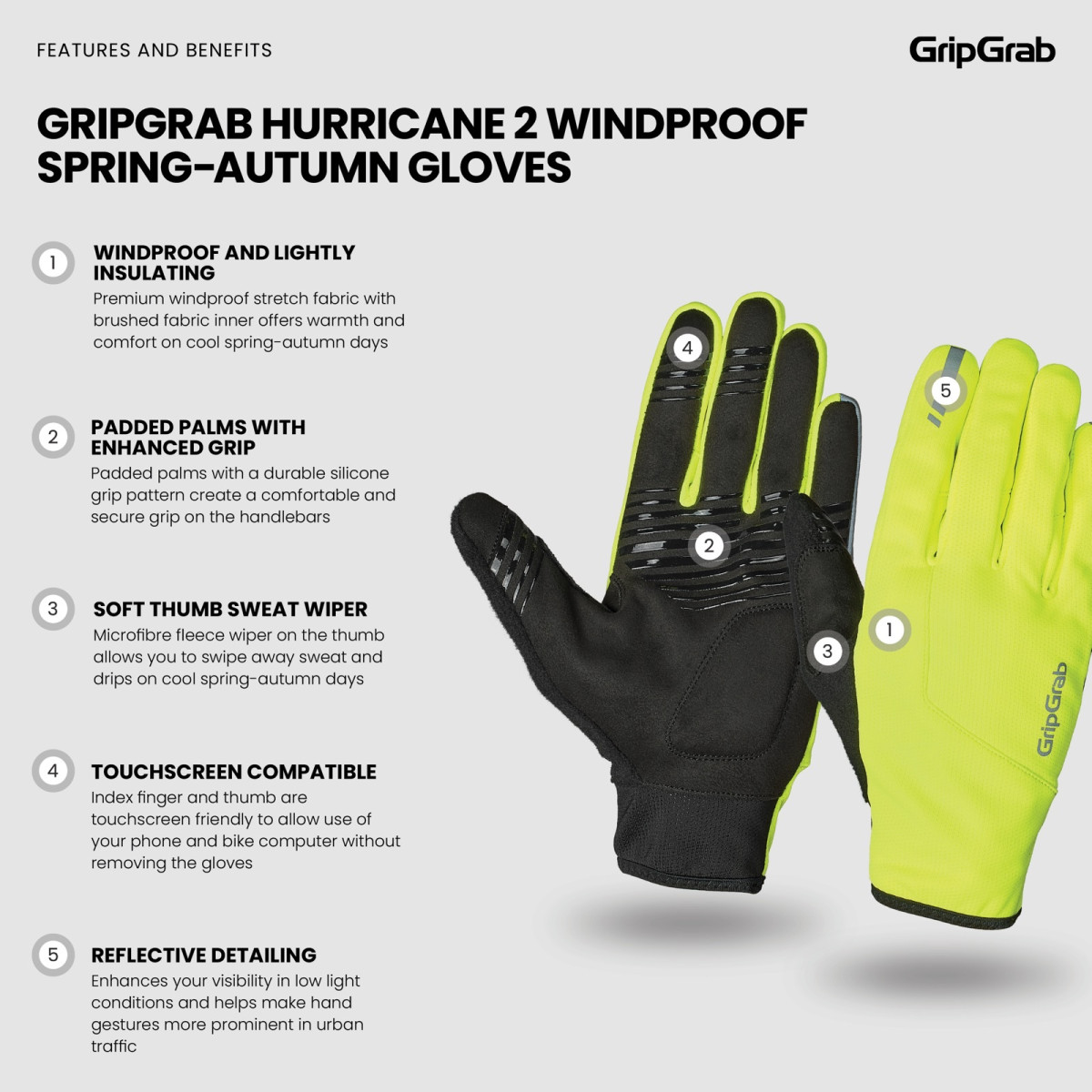 GripGrab Hurricane 2 Vēja necaurlaidīgi pavasara-rudens cimdi | Yellow Hi-Vis 