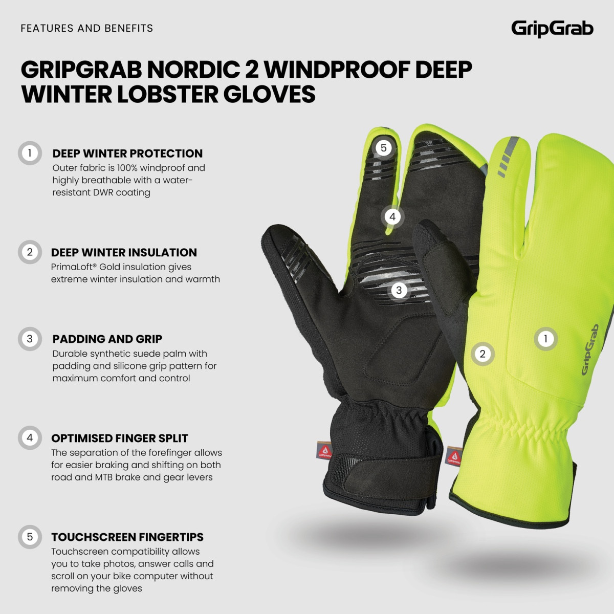 GripGrab Nordic 2 Vēja necaurlaidīgi omāra cimdi | Yellow Hi-Vis