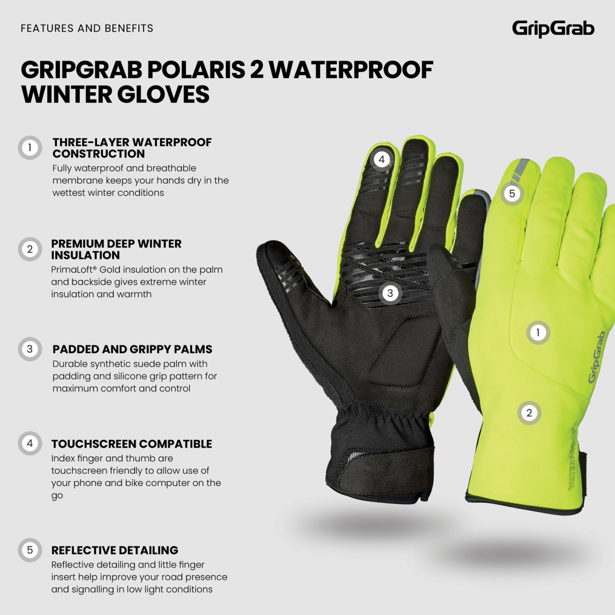 GripGrab Polaris 2 ūdensnecaurlaidīgi ziemas cimdi | Yellow Hi-Vis