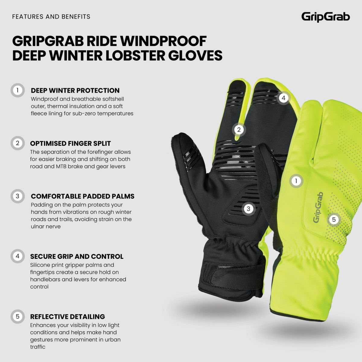 GripGrab Ride Vēja necaurlaidīgi dziļi ziemas omāra cimdi | Yellow Hi-Vis