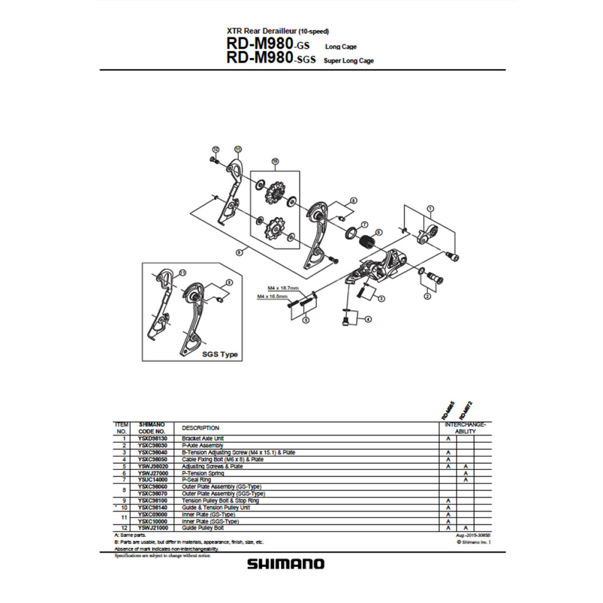 Shimano RD-M980 SGS aizmugurējā pārslēdzēja ārējā kāja