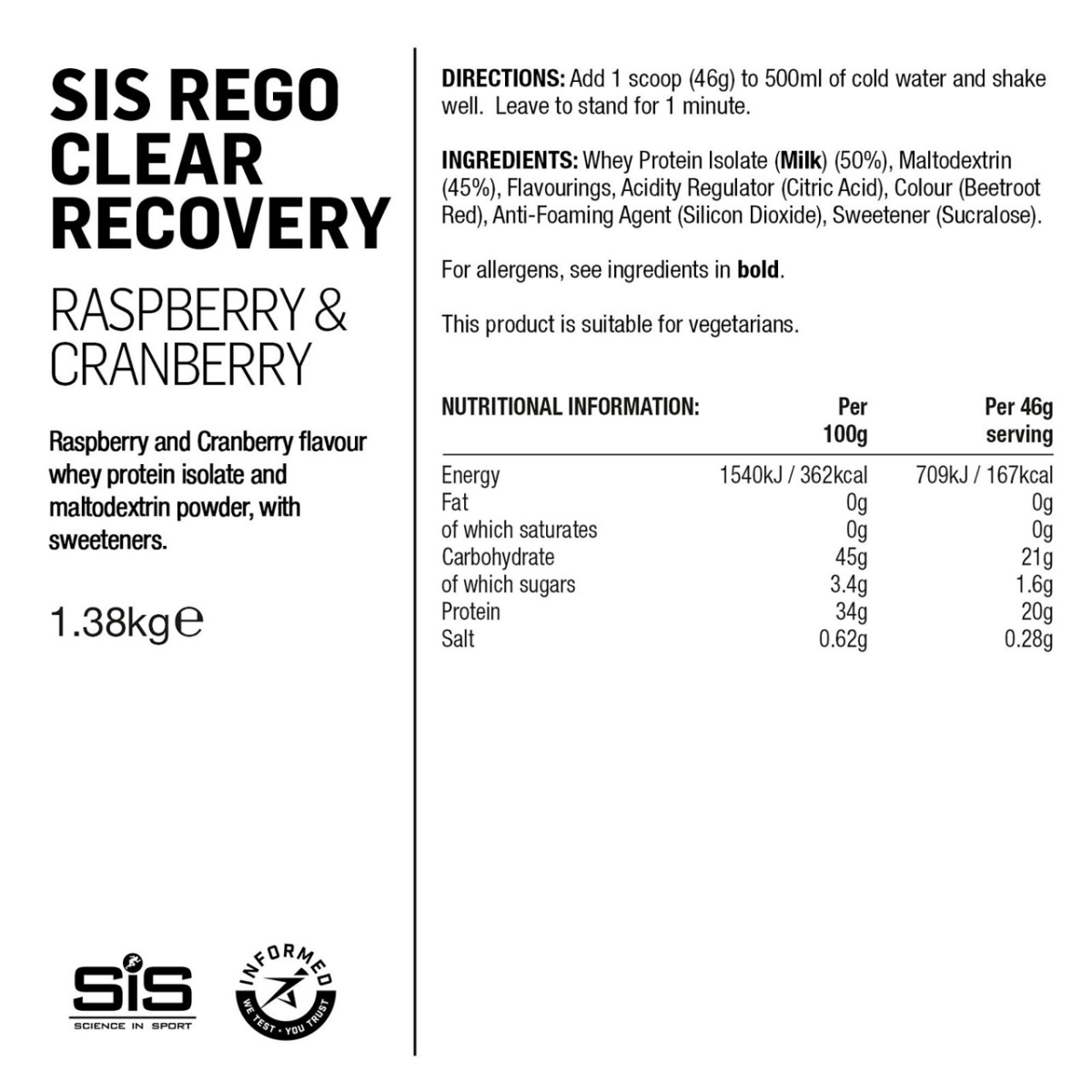 SIS Rego Clear Recovery dzēriens | 1.38kg | Raspberry - Cranberry